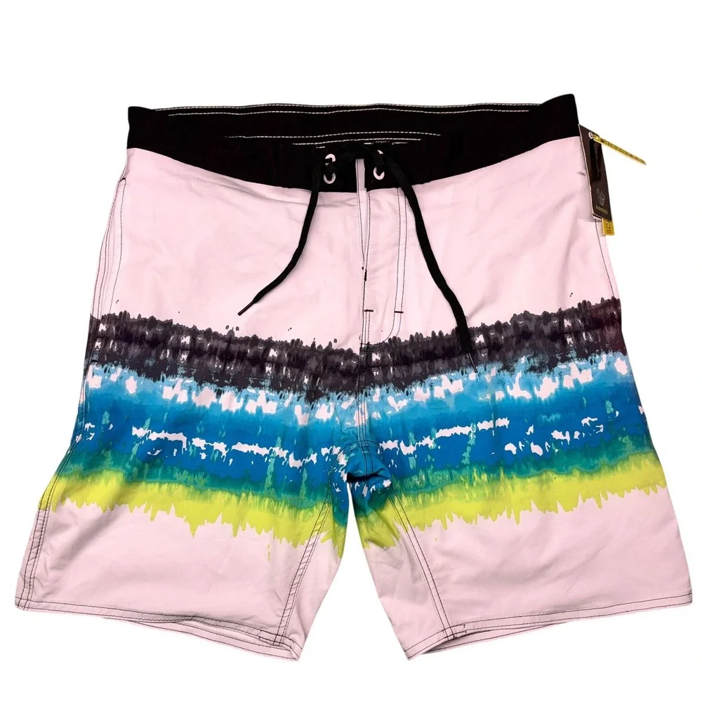Burnside‎ Board Shorts Men 32 White Blue Tie Dye Stripe Stretch Swim Trunks NWT